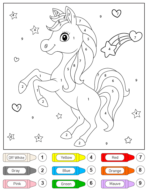 Colorear Unicornio y Estrellas de pie por Número Página para colorear