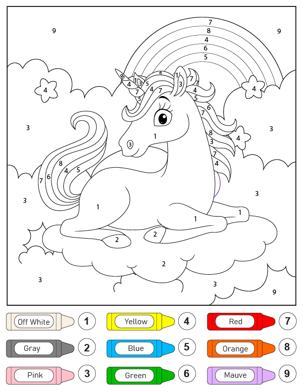 Colorear por Números un Unicornio Sentado en las Nubes Página para Colorear