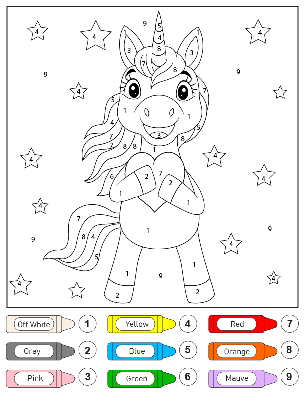 Colorear por Números un Unicornio con un Corazón Página para Colorear