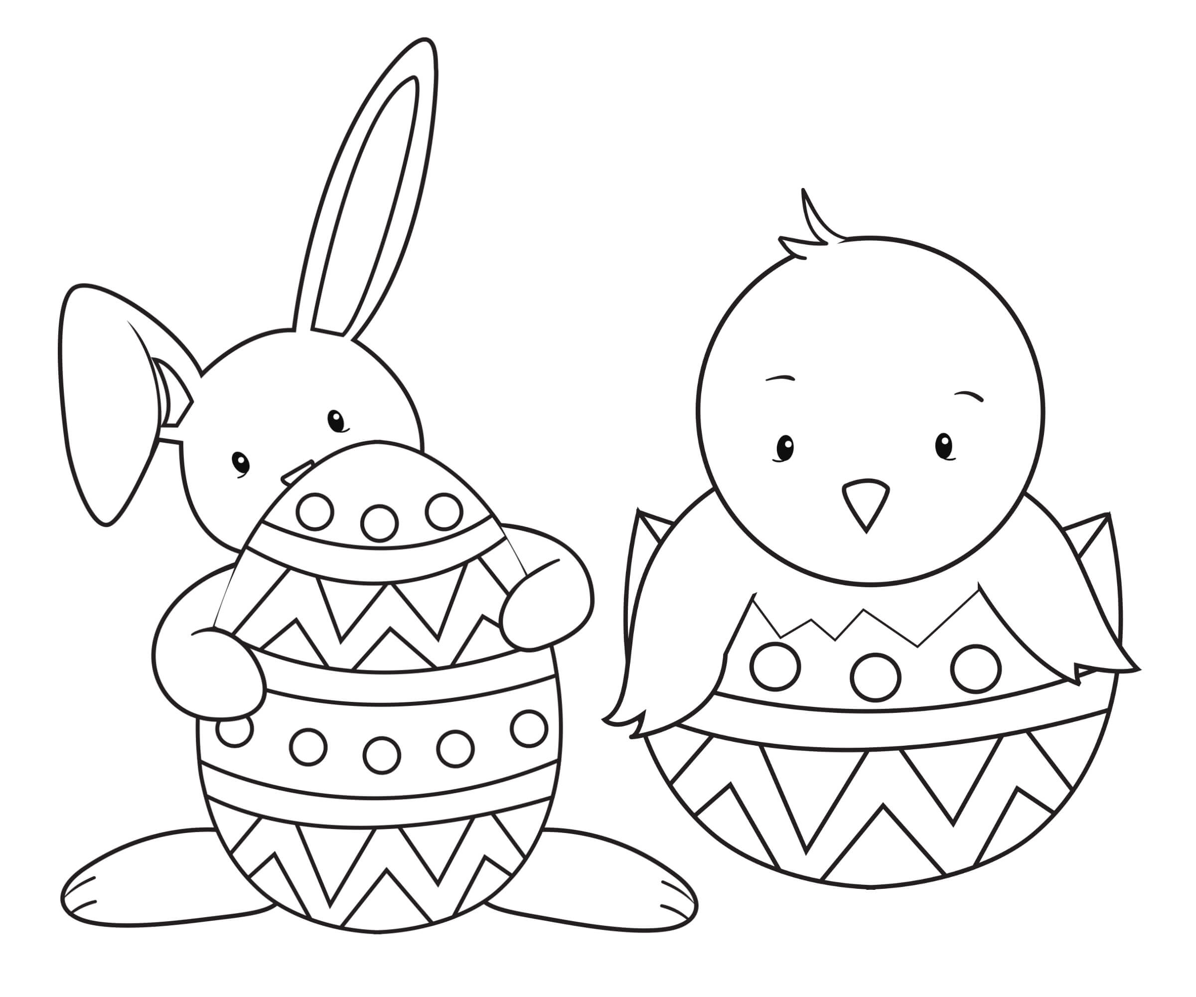 Conejito y Pollito con Huevo de Pascua para colorear, imprimir e dibujar  –