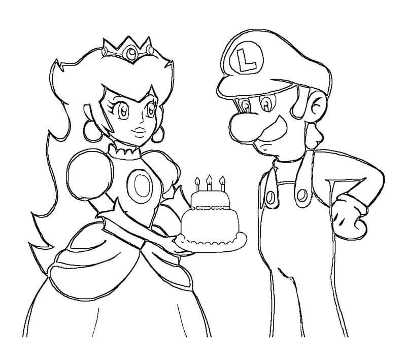 Dibujo Melocotón con pastel de Cumpleaños y Luigi