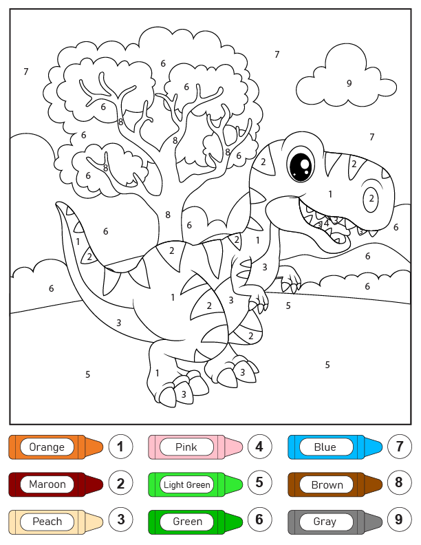 Dibujo de Colorear por Números de Dinosaurio Lindo Emocionado para Colorear