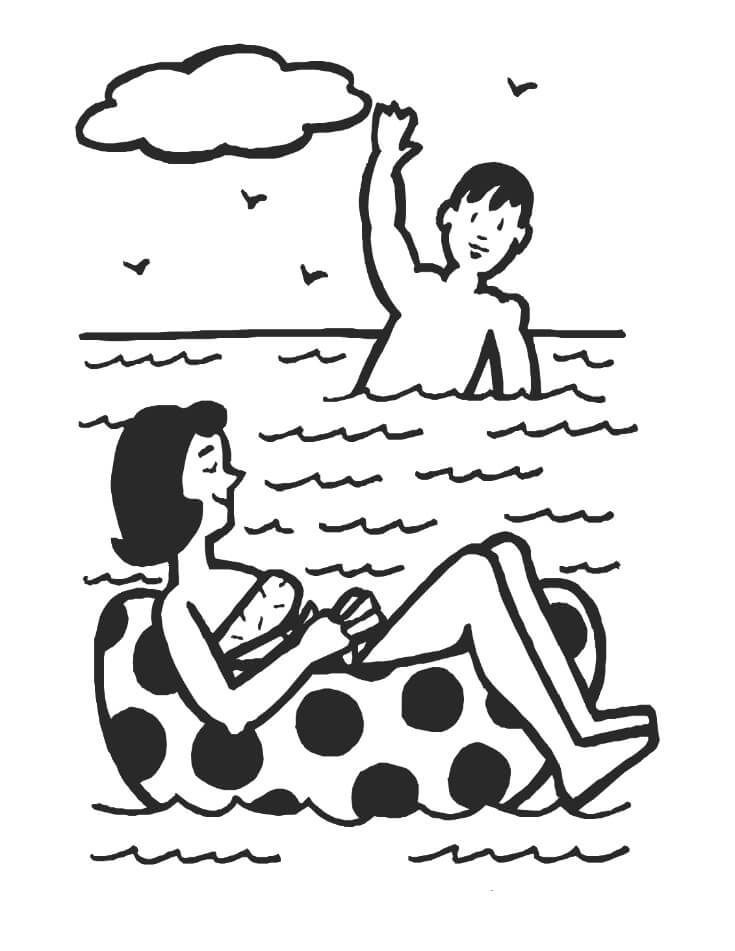 Dibujo de Niño y Niña Nadando en la Playa