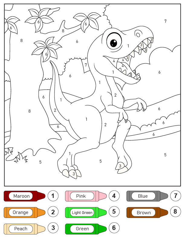 Dibujo para colorear por número de dinosaurio T-Rex rugiente