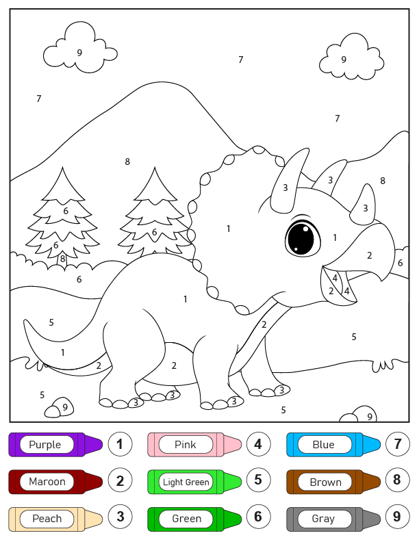 Dinosaurio Triceratops Colorear por Números Página para Colorear