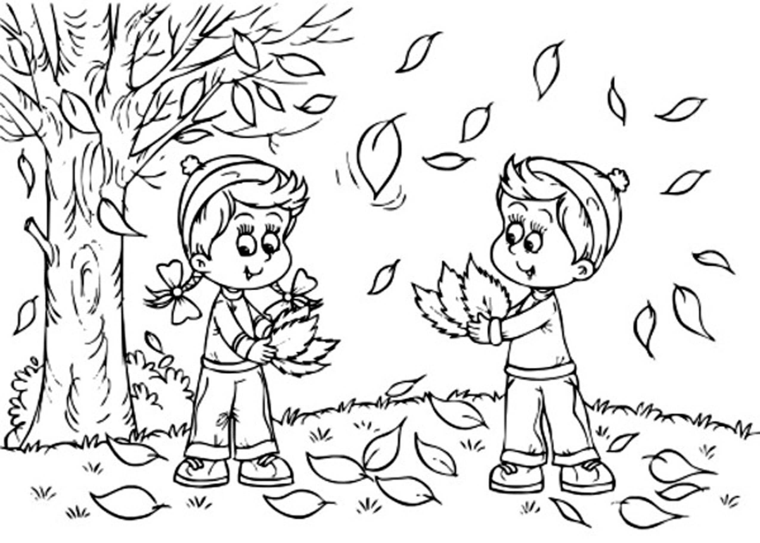 Dos Niños Con Hojas En Otoño Para Colorear, Imprimir E Dibujar  –Coloringonly.Com