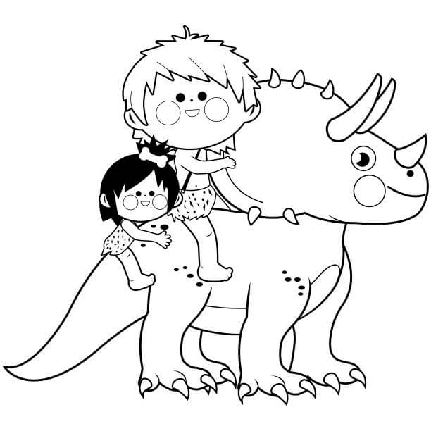 Dos niños Cavernícolas Montando Triceratops
