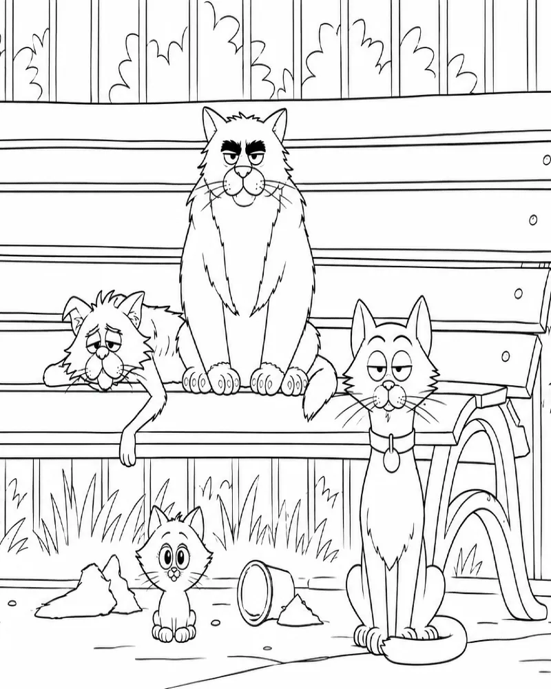 Familia De Gatos Callejeros En El Banco Del Parque