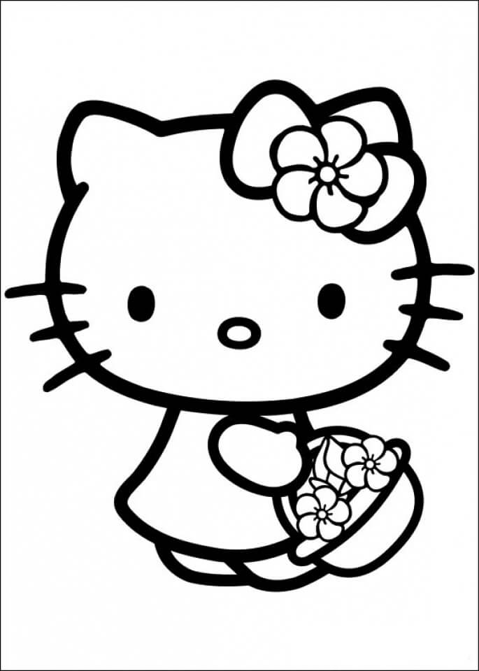 Hello Kitty sosteniendo una Canasta de Flores