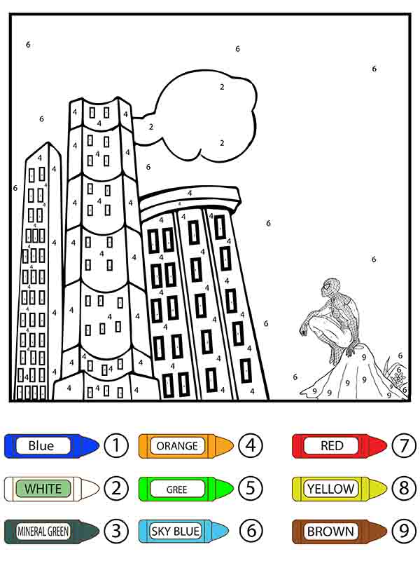 Hombre Araña Mirando los Edificios Colorear por Número