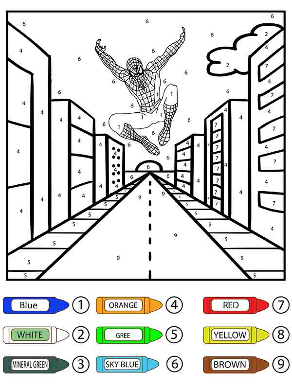 Hombre Araña Saltando en la Carretera Colorear por Número
