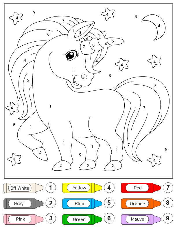 Impresionante Unicornio Color por Número Página para Colorear