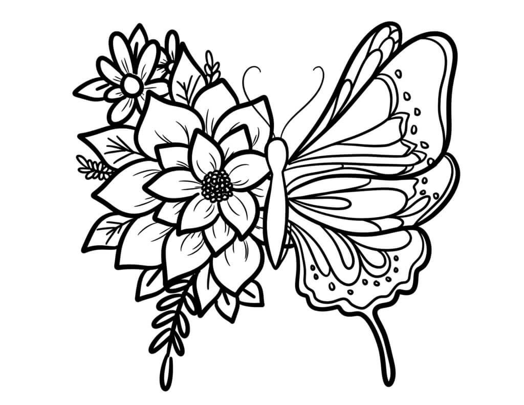 Mariposa con Flor para colorear, imprimir e dibujar –