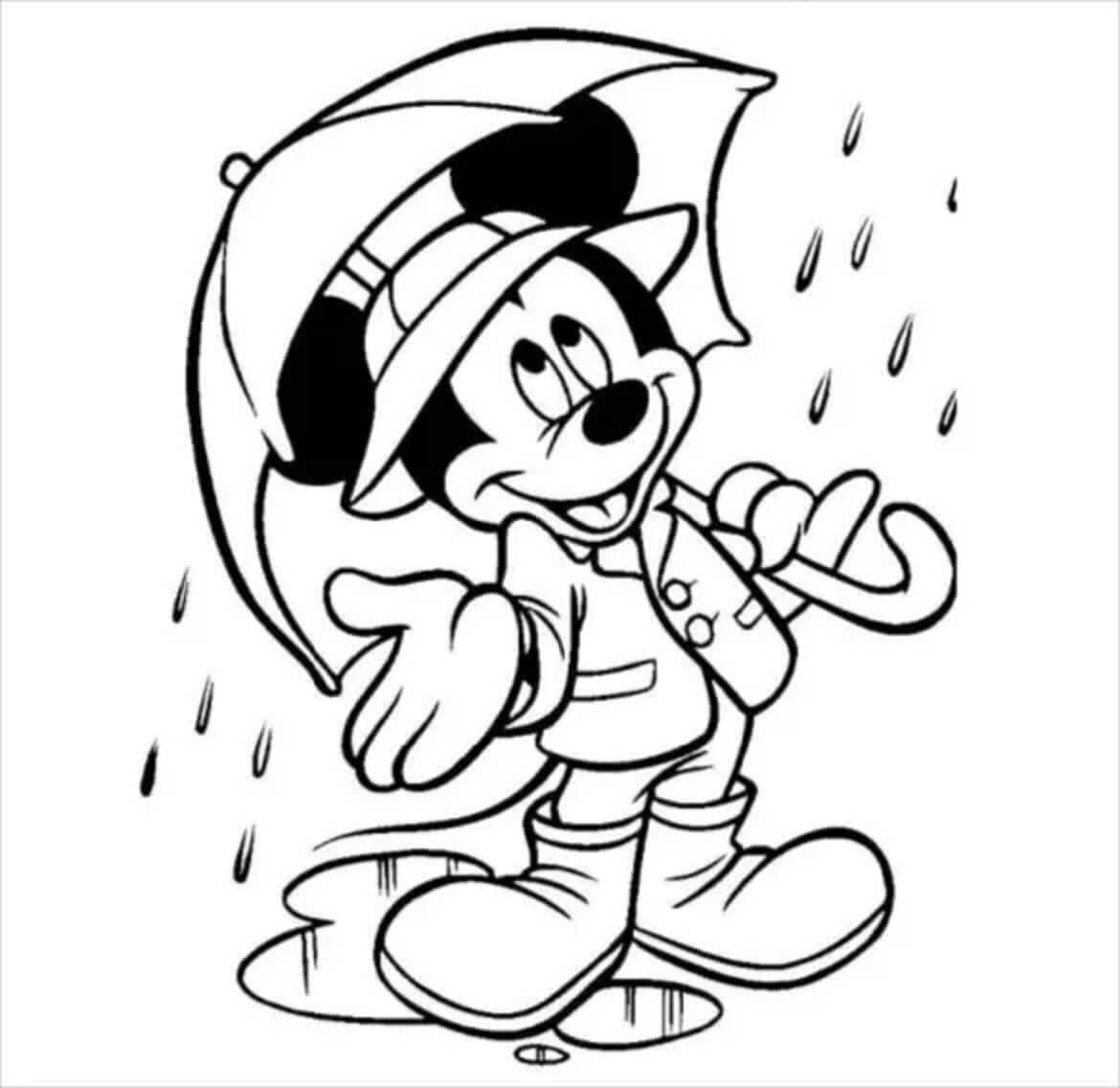 Mickey Mouse Sosteniendo un Paraguas Bajo la Lluvia
