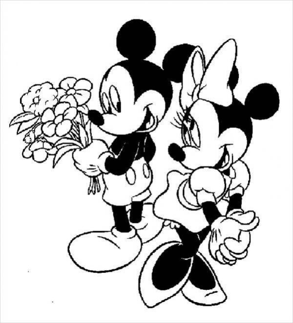 Mickey Mouse sosteniendo un ramo de Flores y Minnie Mouse