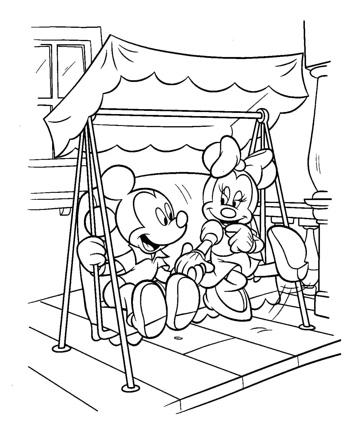 Mickey Mouse y Minnie Mouse jugando en los Columpios