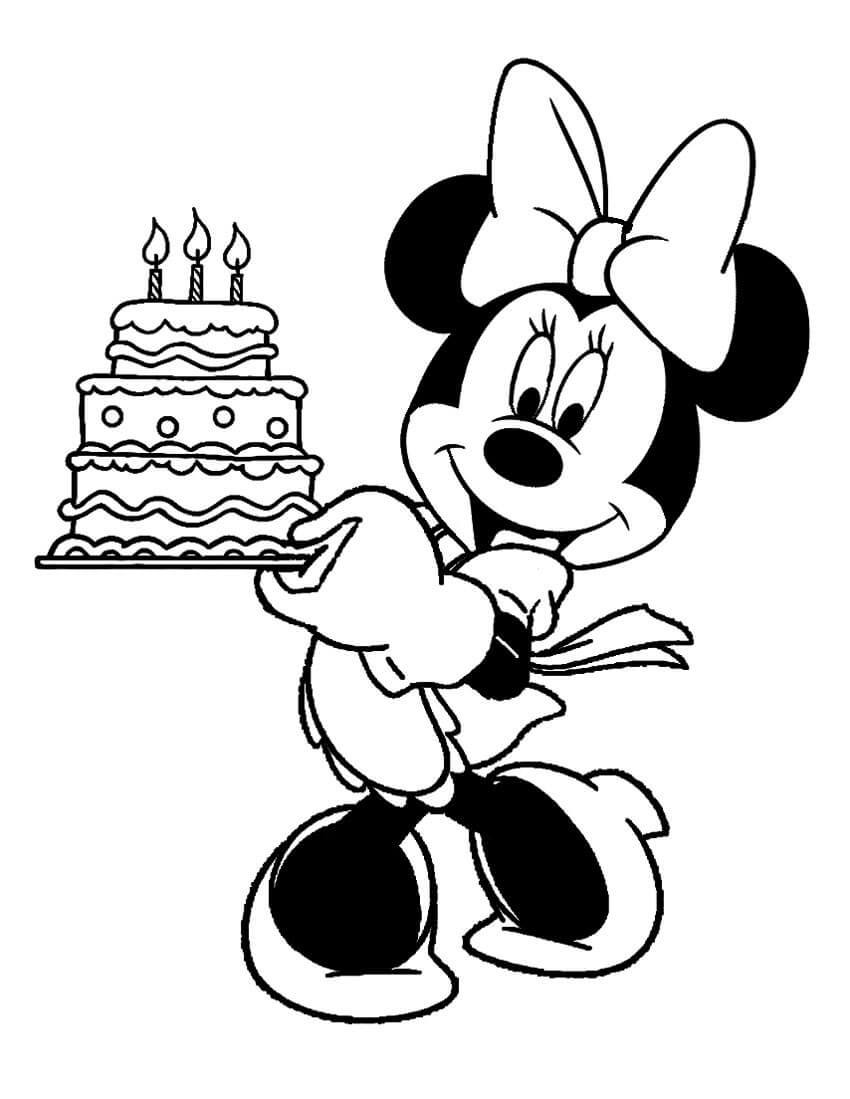 Minnie Mouse Divertida con pastel de Cumpleaños para colorear, imprimir e  dibujar –