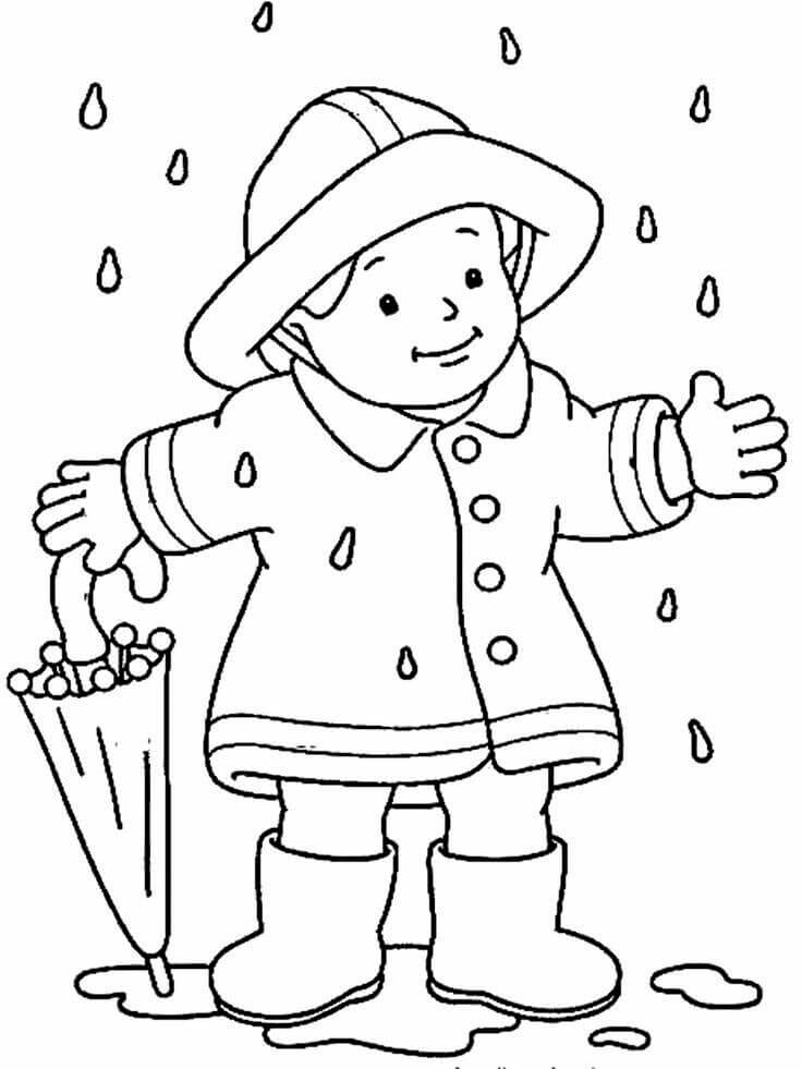  Niño Sosteniendo un Paraguas de pie bajo la Lluvia en Otoño para colorear, imprimir e dibujar –ColoringOnly.Com