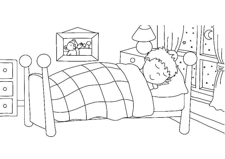 niño durmiendo en el dormitorio para colorear imprimir e dibujar