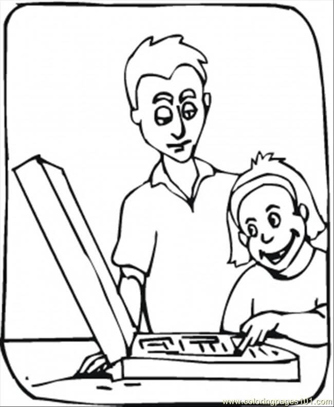 Padre Enseñando a su hijo a usar la Computadora Portátil