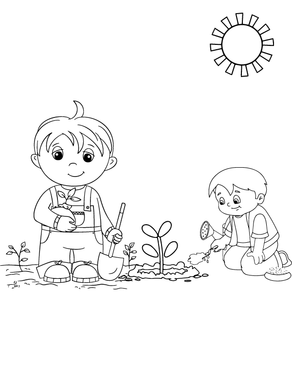 Página para Colorear de Niños plantando árboles en el campo