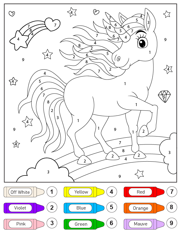 Página para colorear de Unicornio sobre el arcoíris Color por número