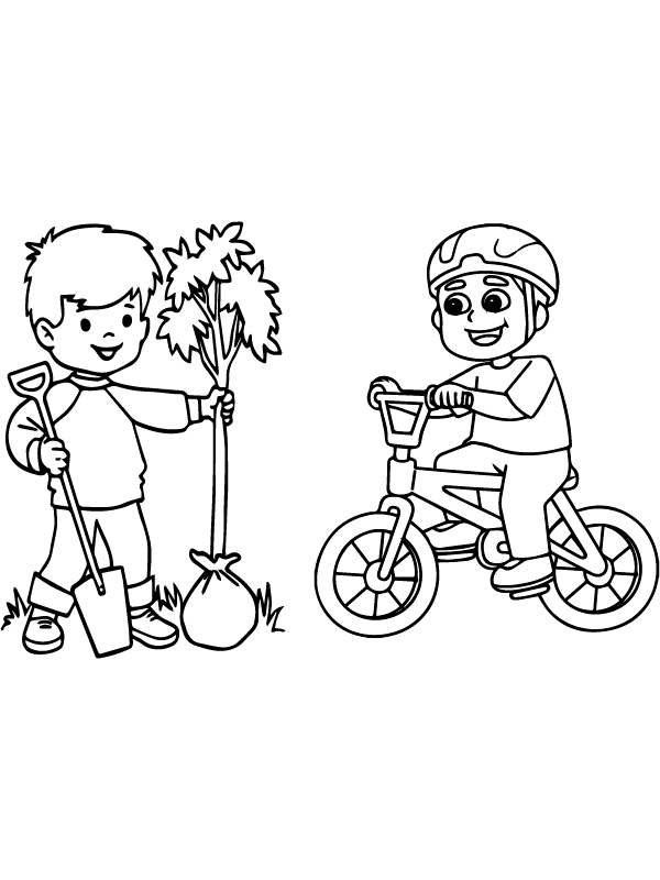 Página para colorear de niños felices gratis con árbol