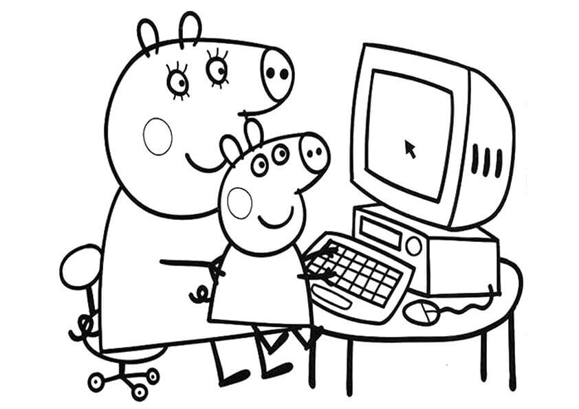 Peppa y Mamá con una Computadora