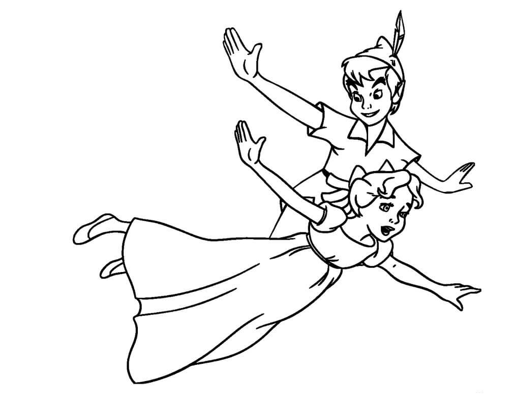 Peter Pan y Wendy volando para colorear, imprimir e dibujar  –