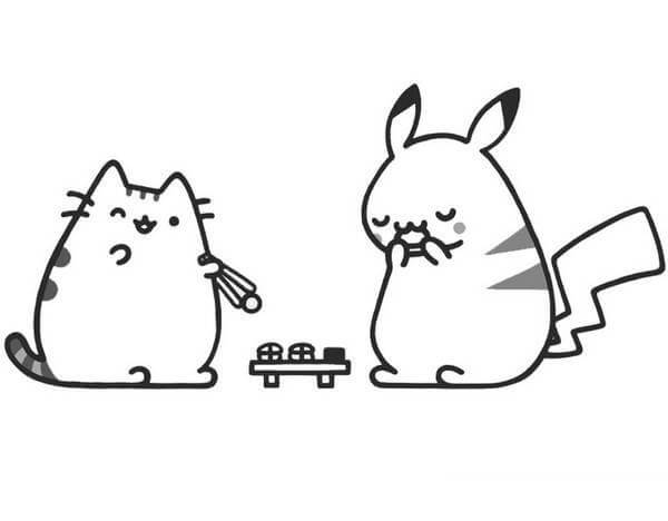 Pusheen y Pikachu Comiendo