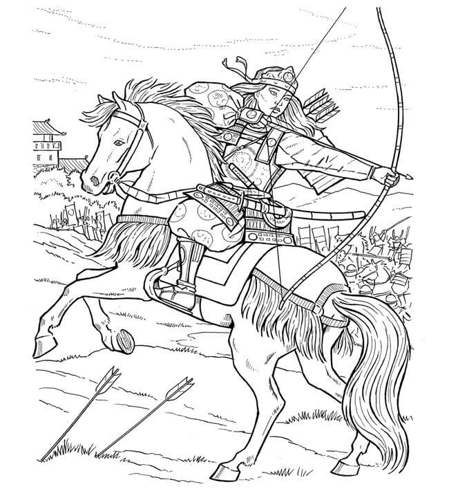 Samurai sostiene un arco y Monta un Caballo