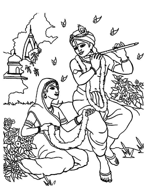 Shri Krishna Janmashtami Tocando la Flauta para Radha