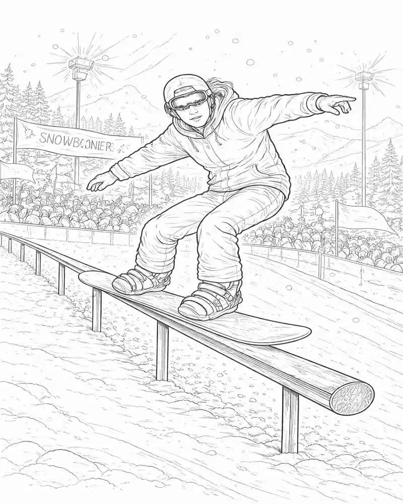 Snowboarder Haciendo Grinding En Acción De Competencia