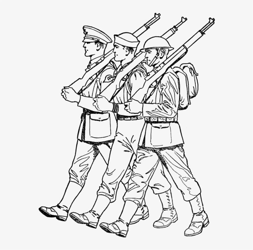 Tres Soldados Marchando el día de los Veteranos