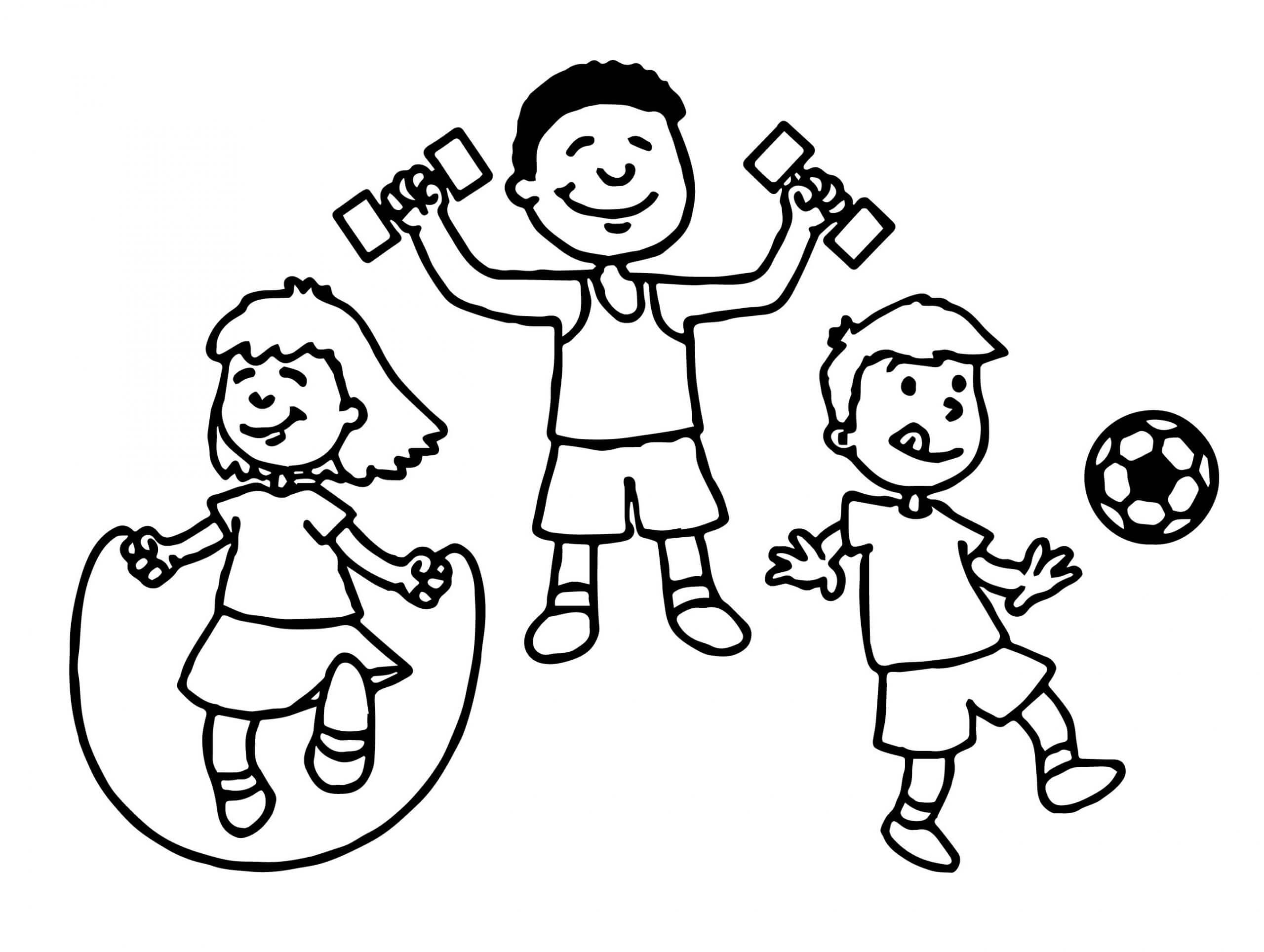 Tres niños jugando Deportes para colorear, imprimir e dibujar  –