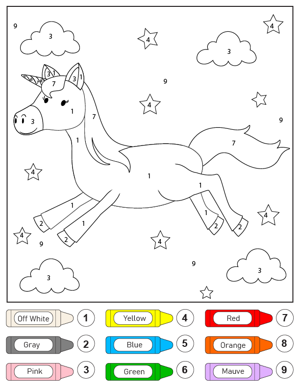 Unicornio Saltando Color por Número Página para Colorear