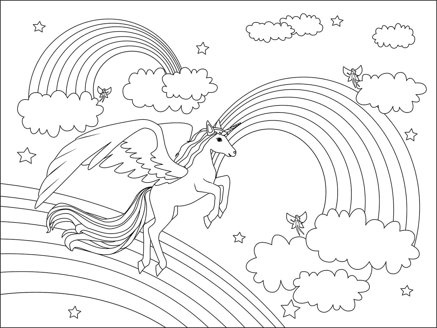 Unicornio con Tres Arcoíris y Nubes