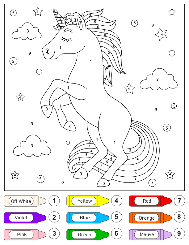 Unicornio de pie para colorear por número Página para colorear