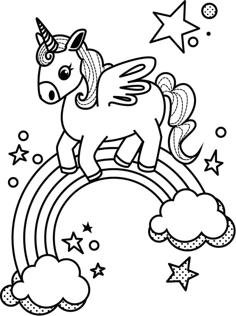 Unicornio En Arcoiris Con Estrellas Para Colorear Imprimir E Dibujar