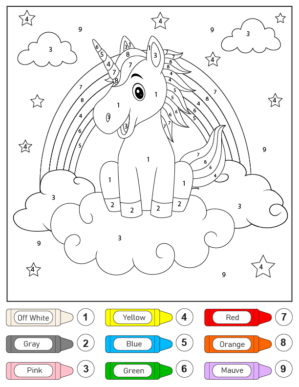 Unicornio en las nubes y el arco iris Color por número Página para colorear