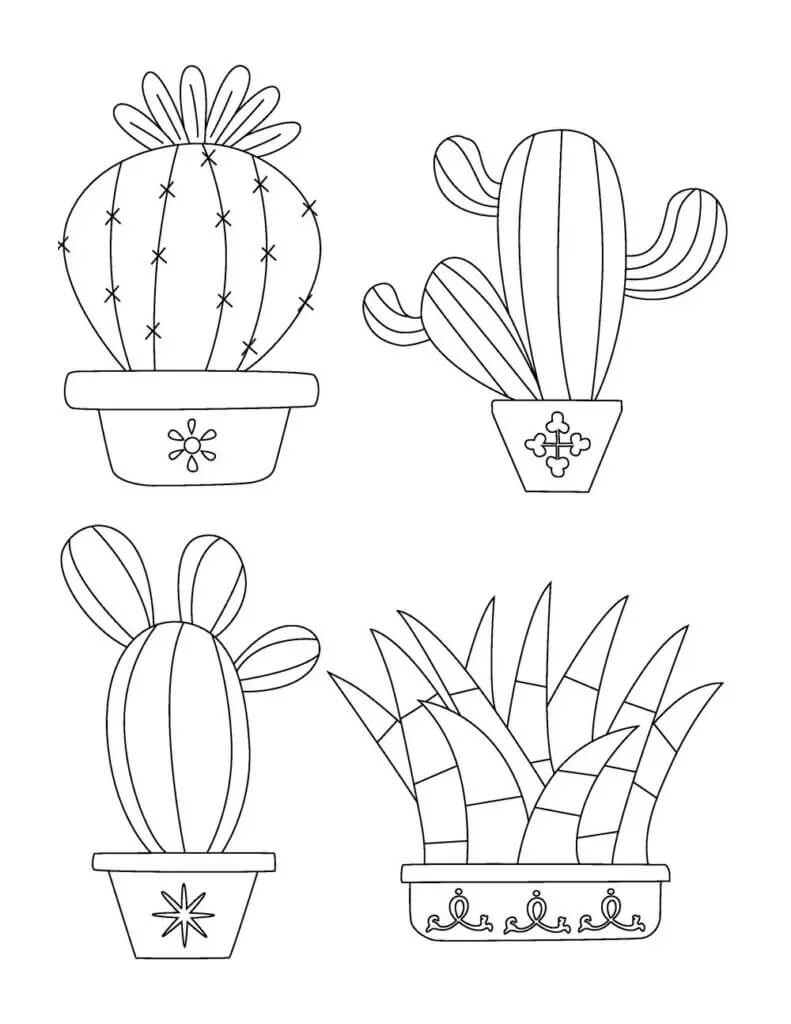 Cactus Básico de Cuatro Macetas para colorear, imprimir e dibujar  –