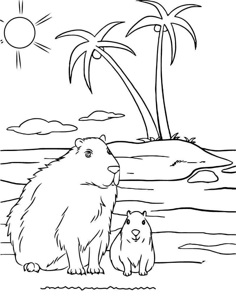 Madre Capibara y Bebé en la Isla Tropical