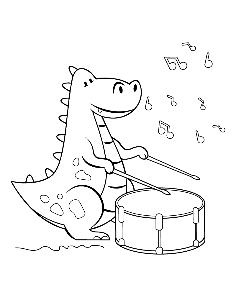 Página para Colorear de Dino Lindo Tocando un Tambor