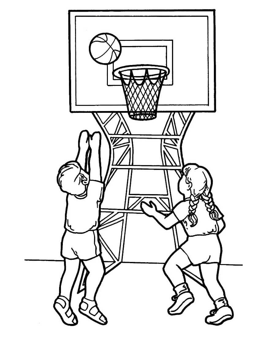 Dos niños Jugando al Baloncesto para colorear, imprimir e dibujar  –