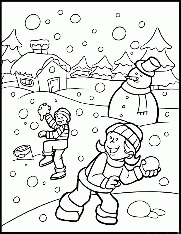 Dos niños y muñeco de nieve en invierno para colorear