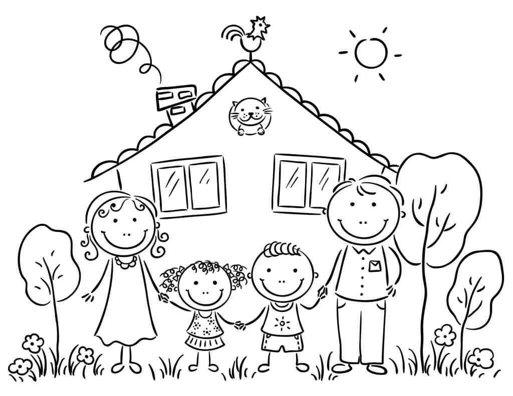Familia con Casa para colorear, imprimir e dibujar –
