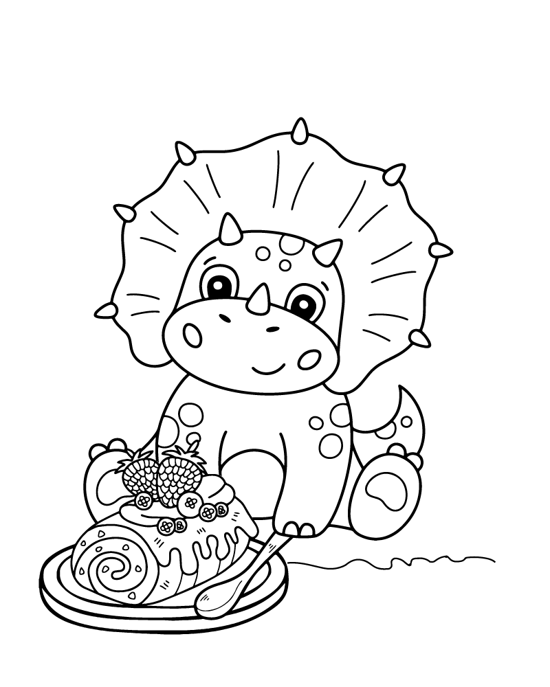 Página para Colorear de Triceratops Comiendo Postre Imprimible Gratis