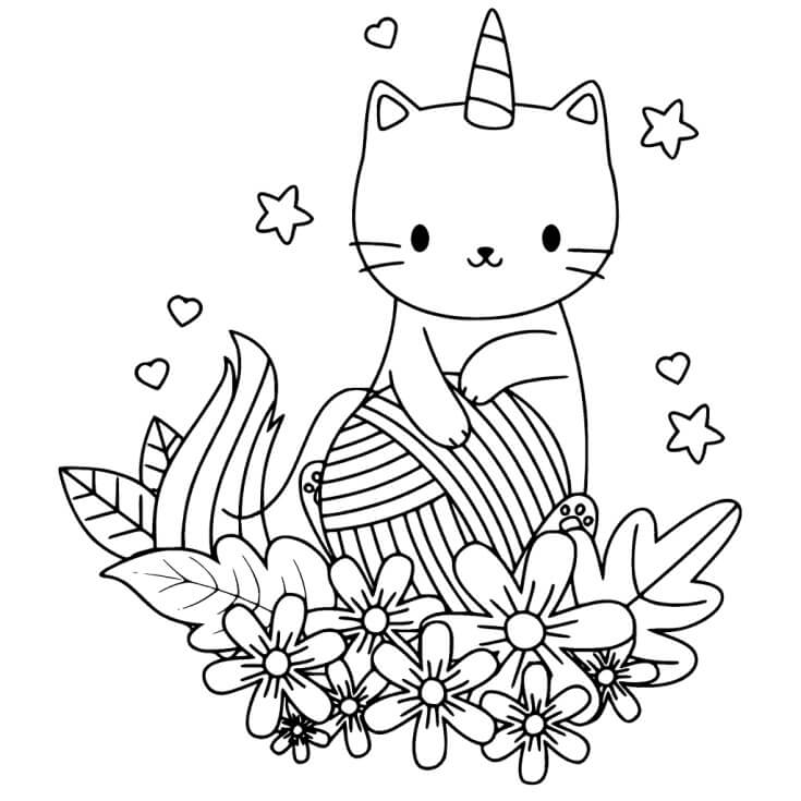Gato Unicornio Con Flores Para Colorear Imprimir E Dibujar