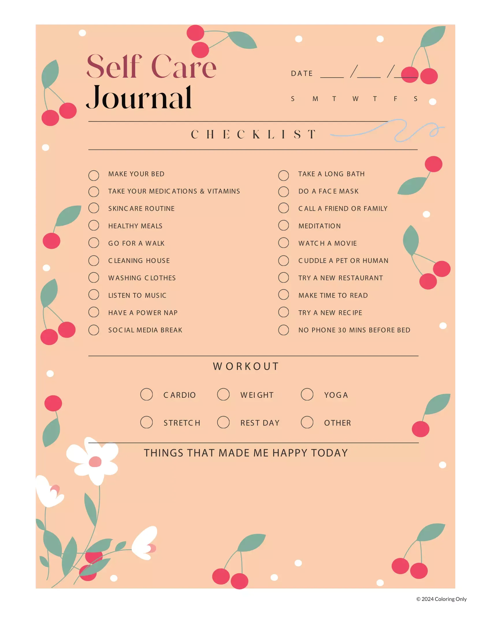 Plantilla De Diario De Autocuidado Lista De Verificación﻿