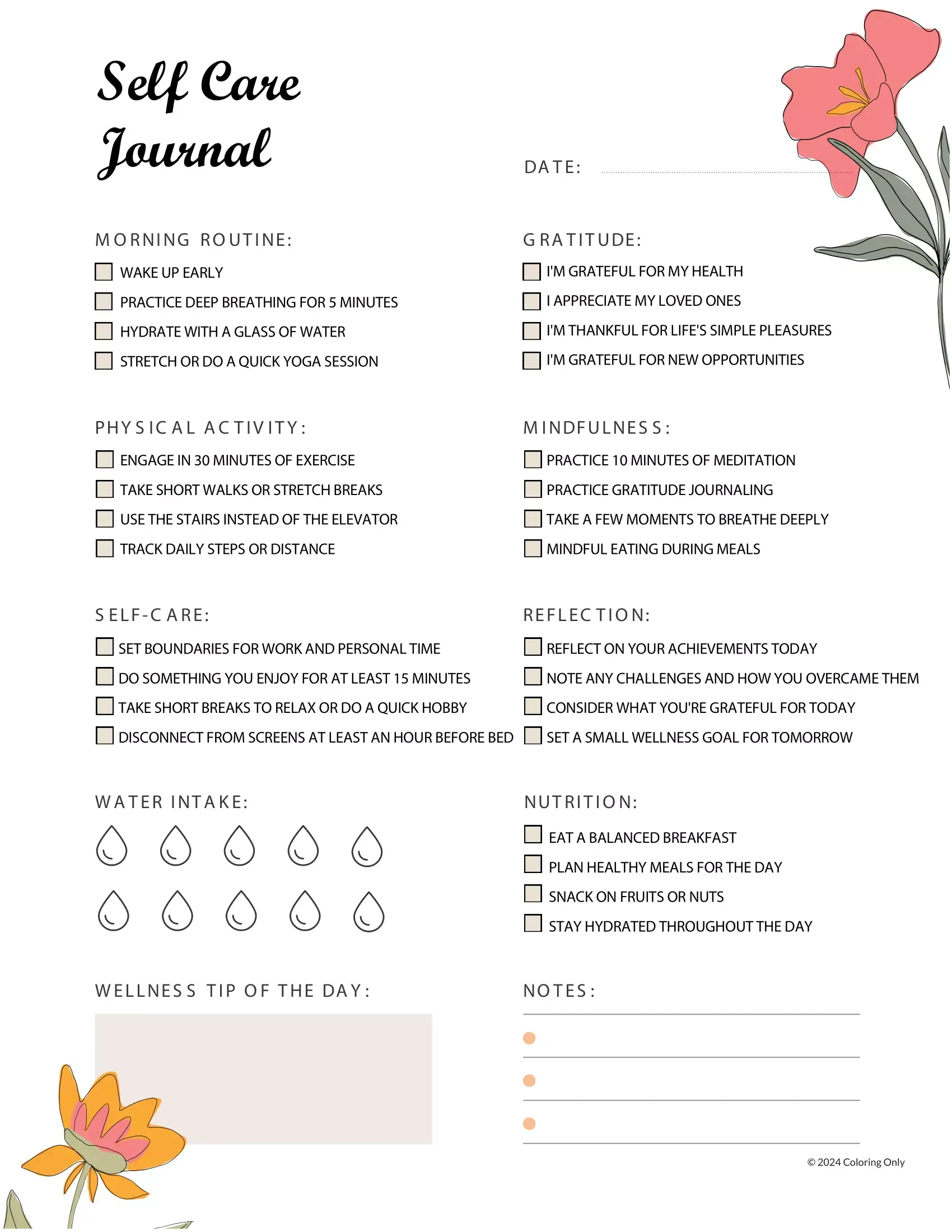 Plantilla De Diario De Autocuidado De Rutina﻿